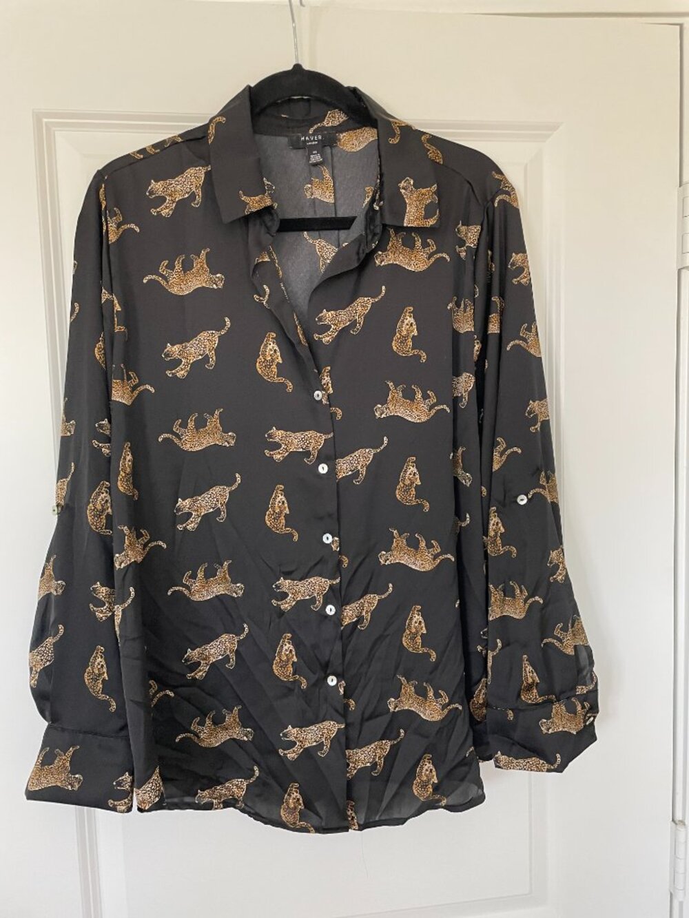 Haver London Black Gold Leopard Print Button Down Blouse L Roll Tab Sleeve